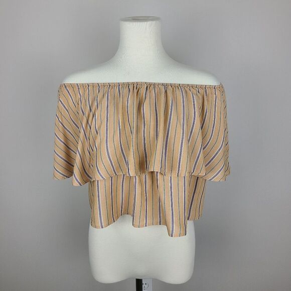 Urban Outfitters Kimchi Blue Tan Stripe Off The Shoulder Ruffle Top Small - Picture 2 of 16